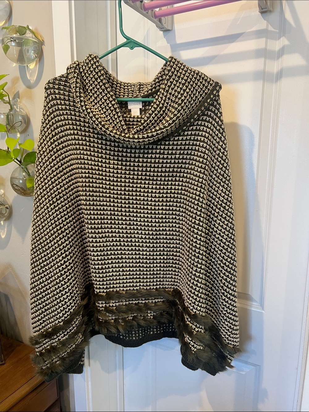 Women's Forest Green & Gold Cowl Neck Knit Sweater Poncho with Faux Fur Trim